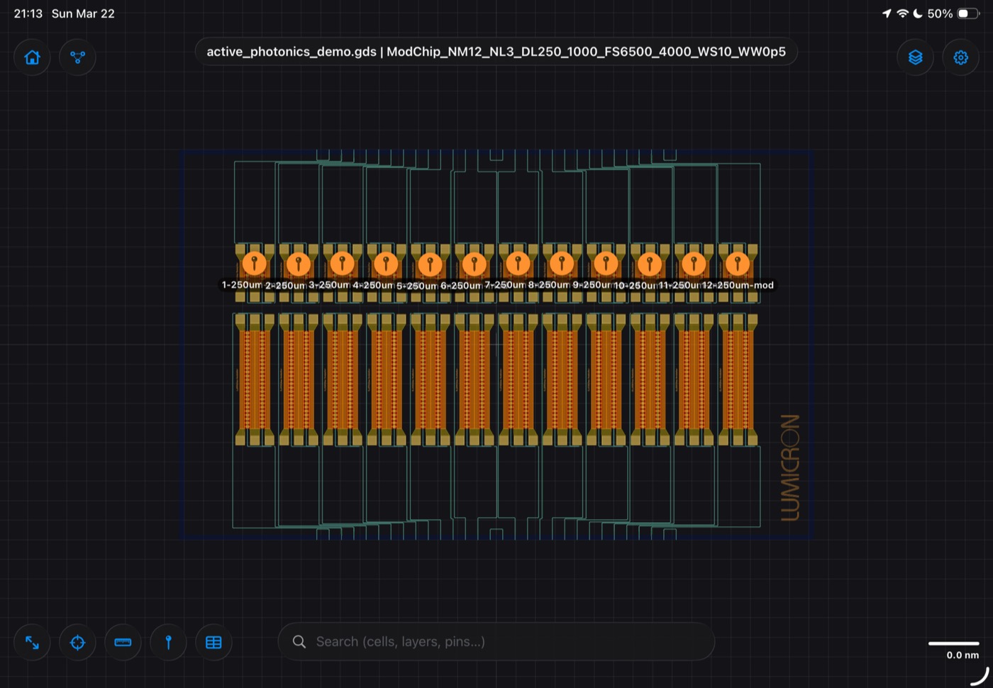 Lumicron iPad companion showing a photonic chip layout and device pins