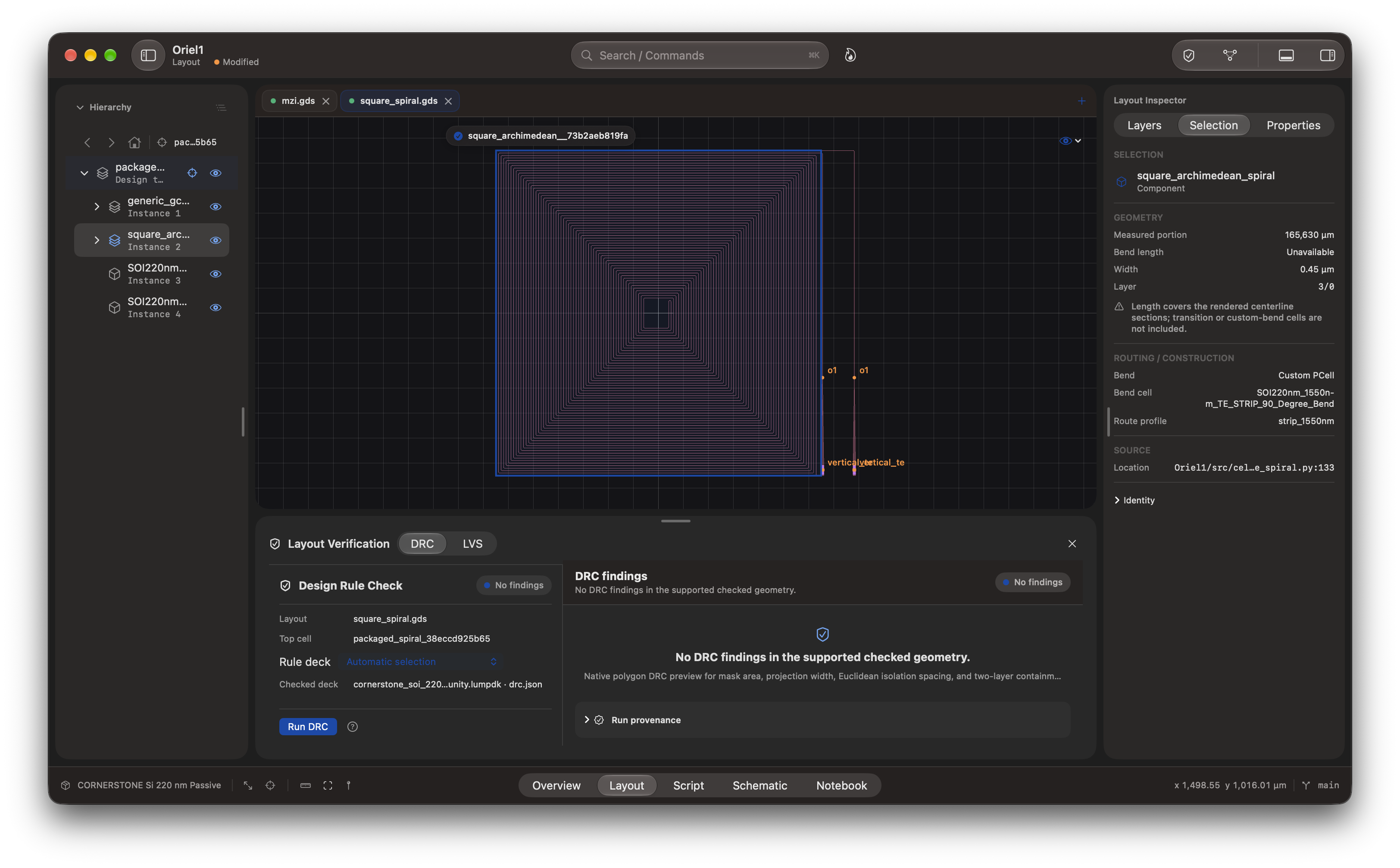 Lumicron Oriel1 layout with a selected spiral and Layout Inspector visible