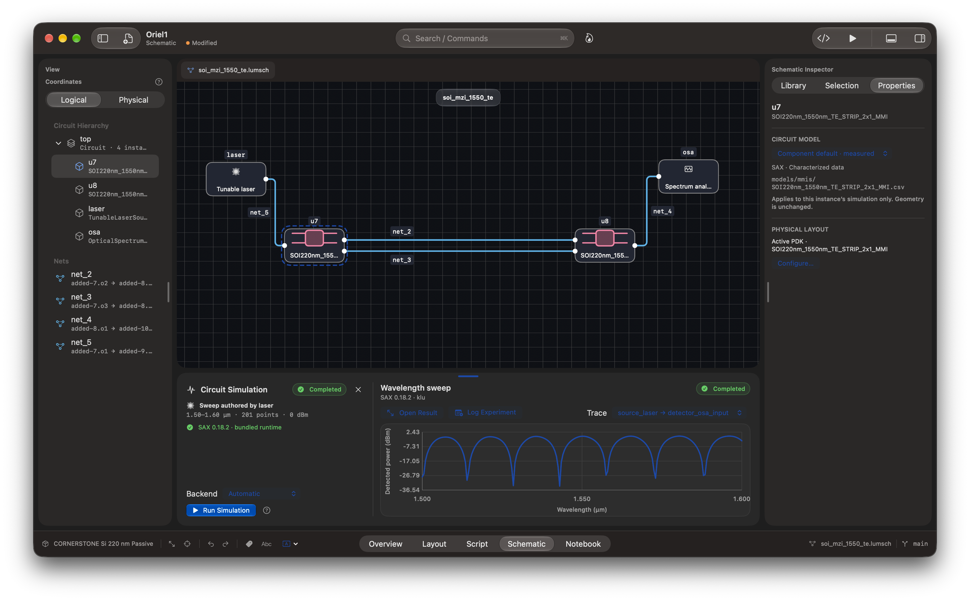 Lumicron for Mac showing an Oriel1 photonic circuit schematic and a saved wavelength sweep